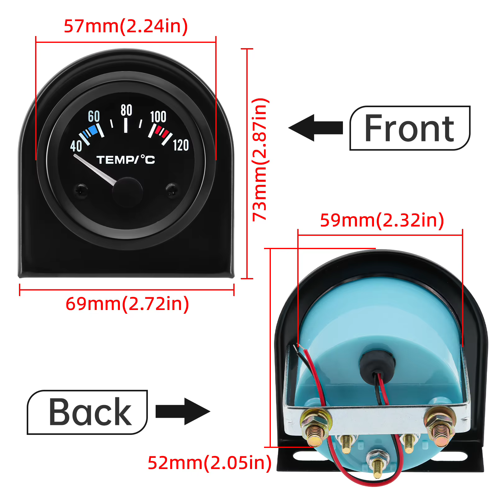 Medidor temperatura agua 52 mm 12V con sonda NPT 1/8 – 40-120 °C - imagen 4