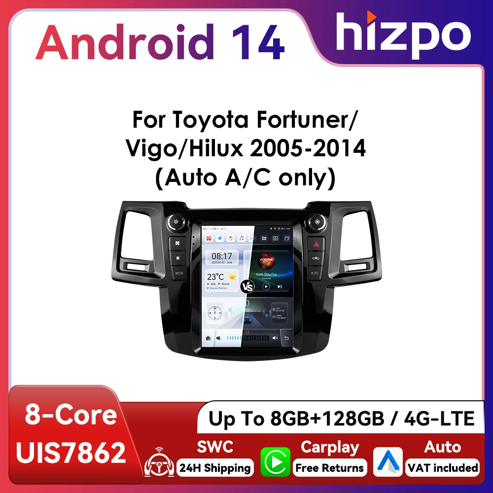 Hizpo Radio Android14 para Toyota Fortuner/Hilux 2005-2014 con CarPlay