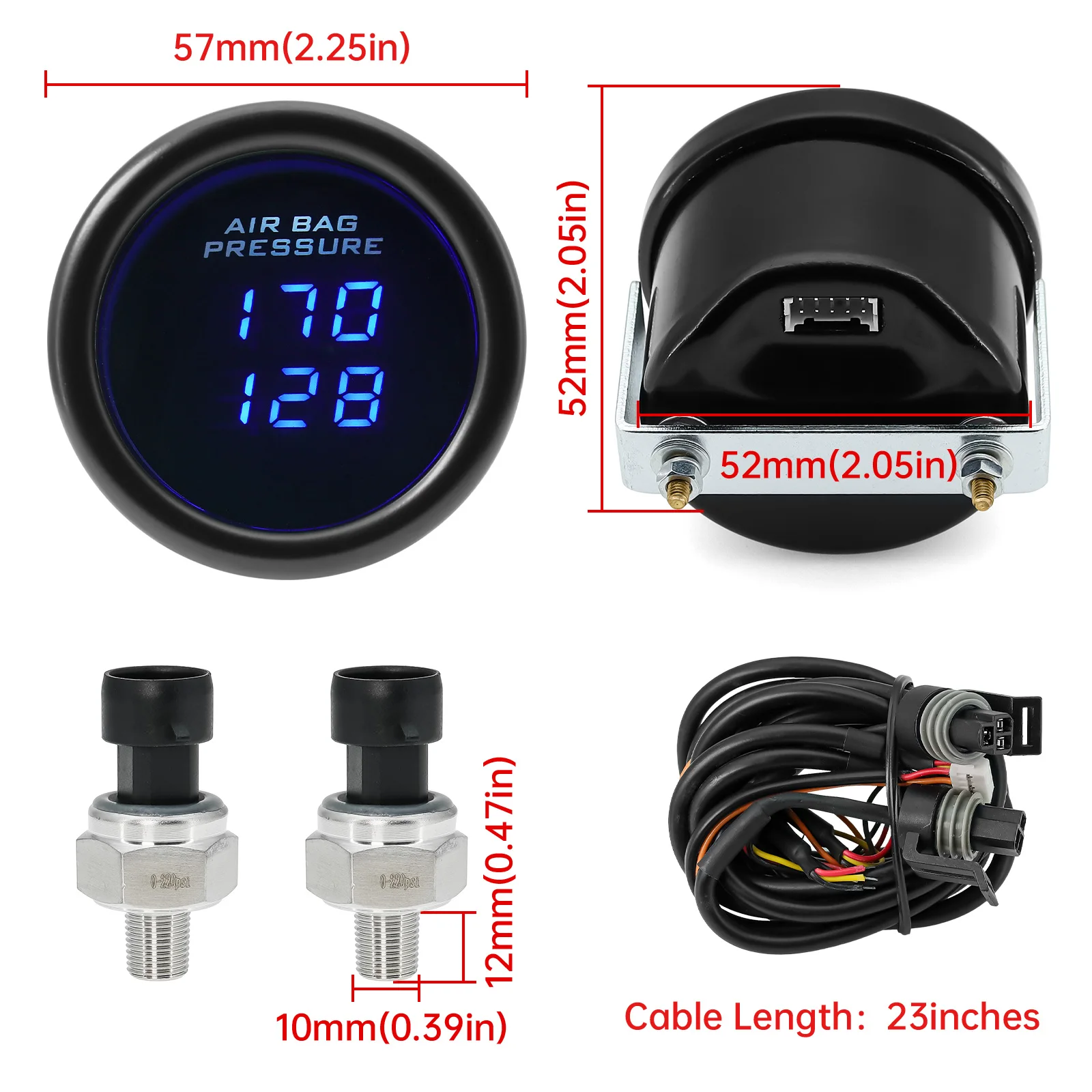 Medidor suspensión neumática 52mm LED azul PSI – sensores 1/8NPT - imagen 3