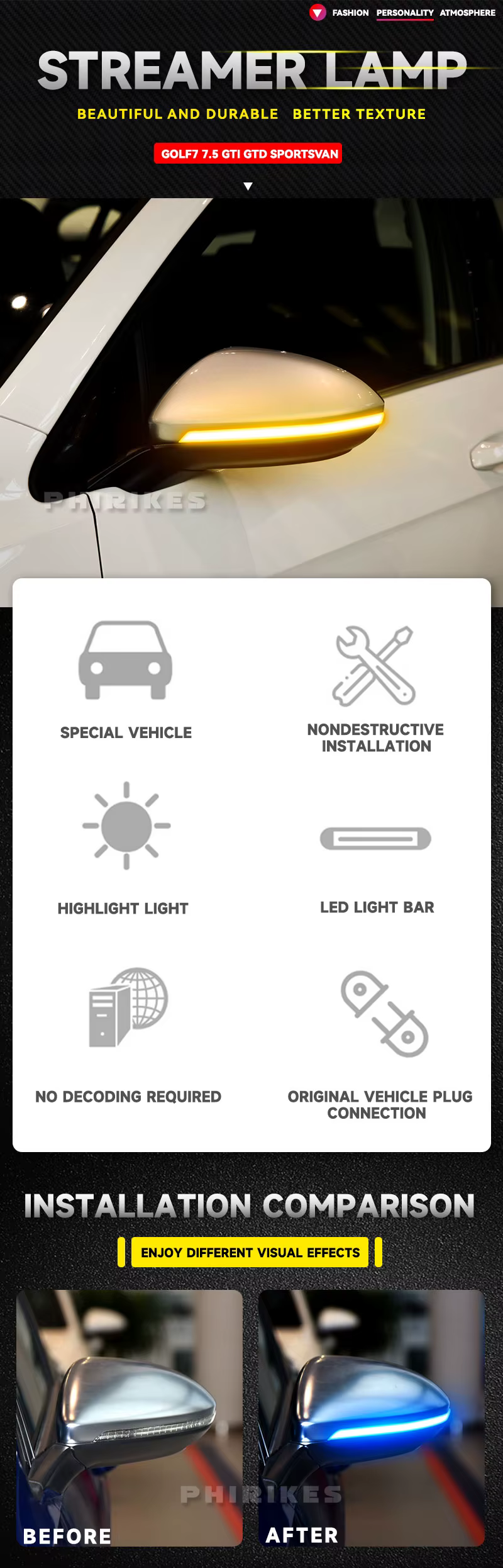 Intermitente dinámico LED instalado en el espejo lateral de un Volkswagen Golf