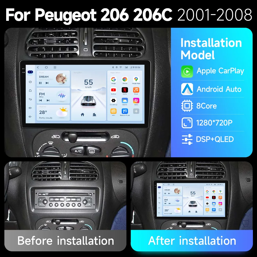 Reproductor de Radio de coche Android 7870 para Peugeot 206 206CC 206SW 2000 -2008 estéreo para coche Audio Multimedia inalámbrico Carplay unidad central de 9 pulgadas - imagen 3