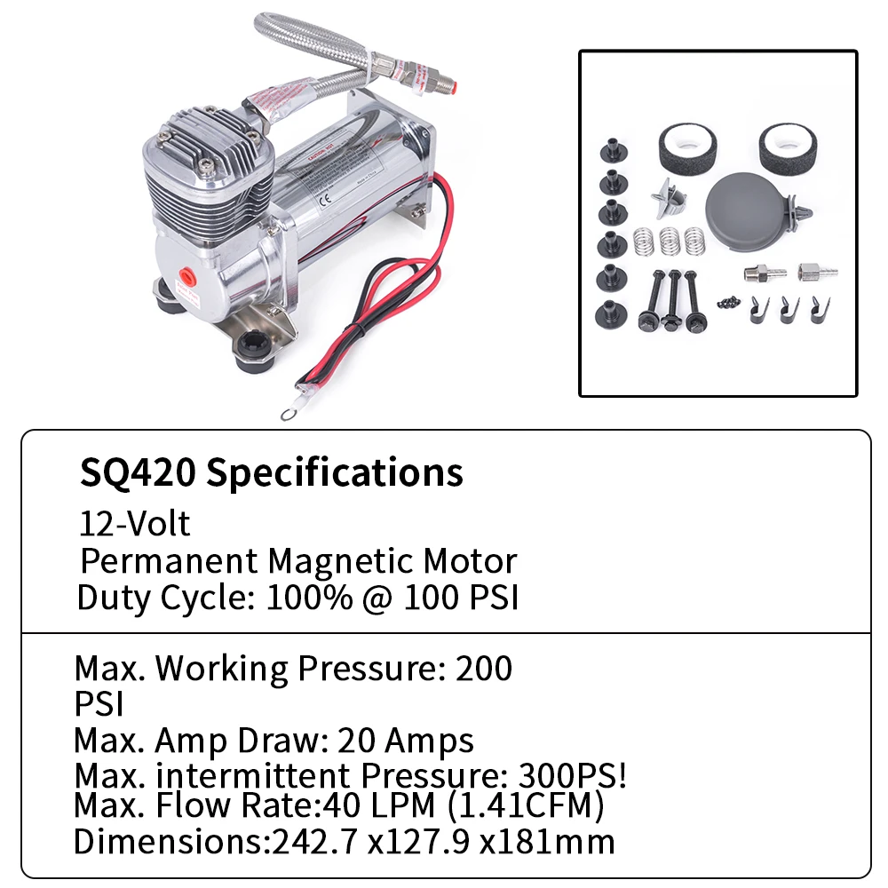 ¡¡¡NUEVO!!! Super silencioso 69DB SQ420 DC 12V 300PSI OUTLET 1/4 CARTEEAIR compresor/bomba de suspensión neumática para coche plateado/negro - imagen 4