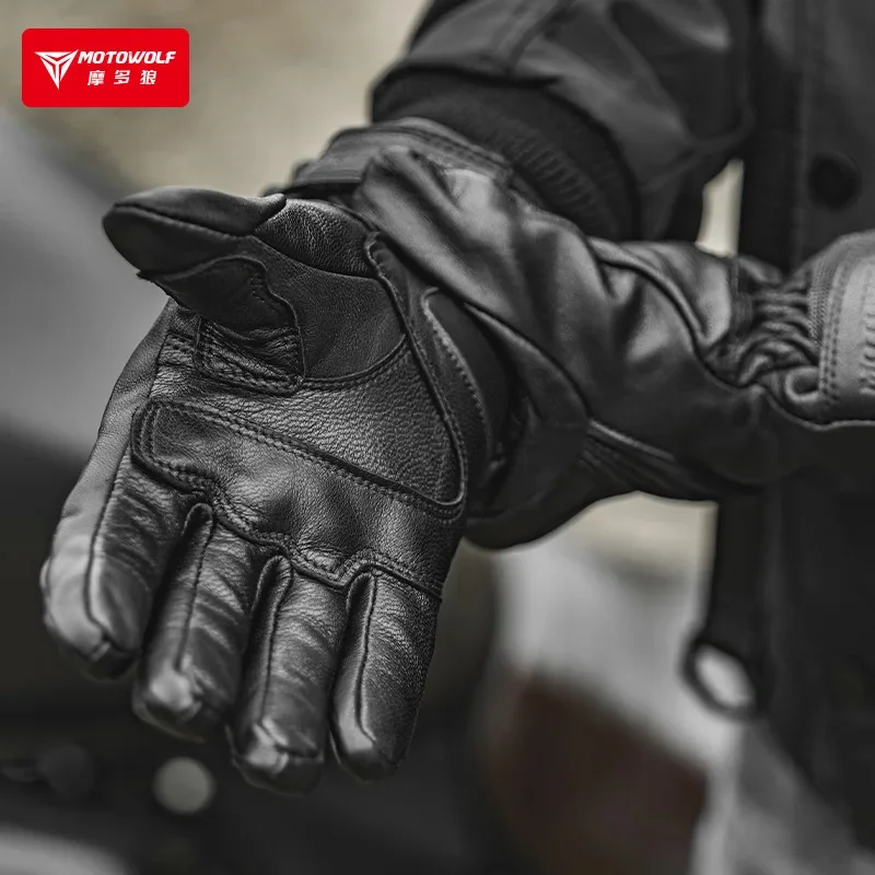 Guantes de cuero largos moto inverno tactil antiviento - imagen 4