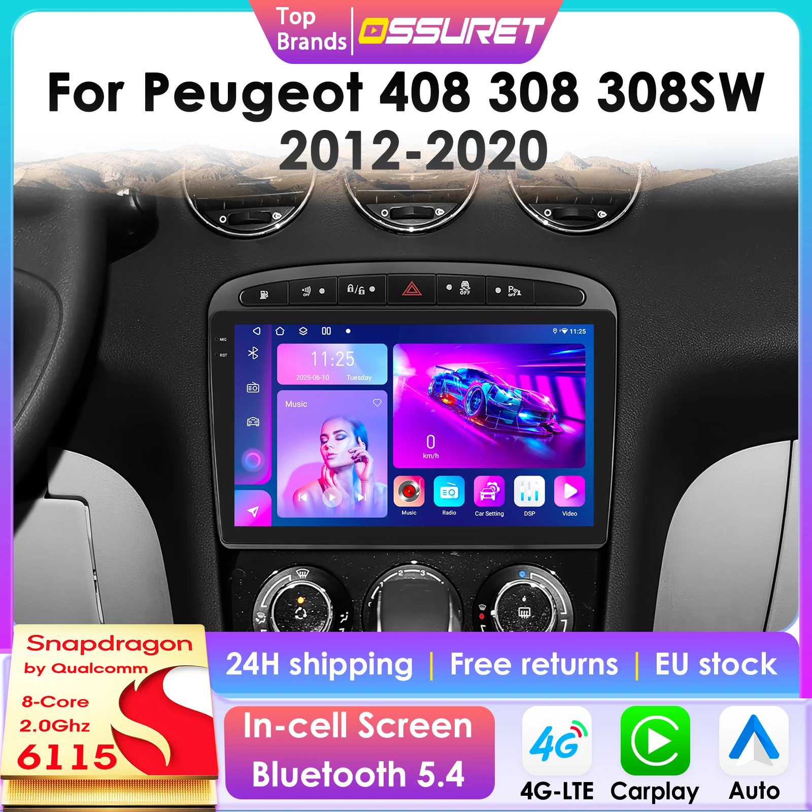 Autoradio Android 13 2Din Carplay para Peugeot 408 308 308SW