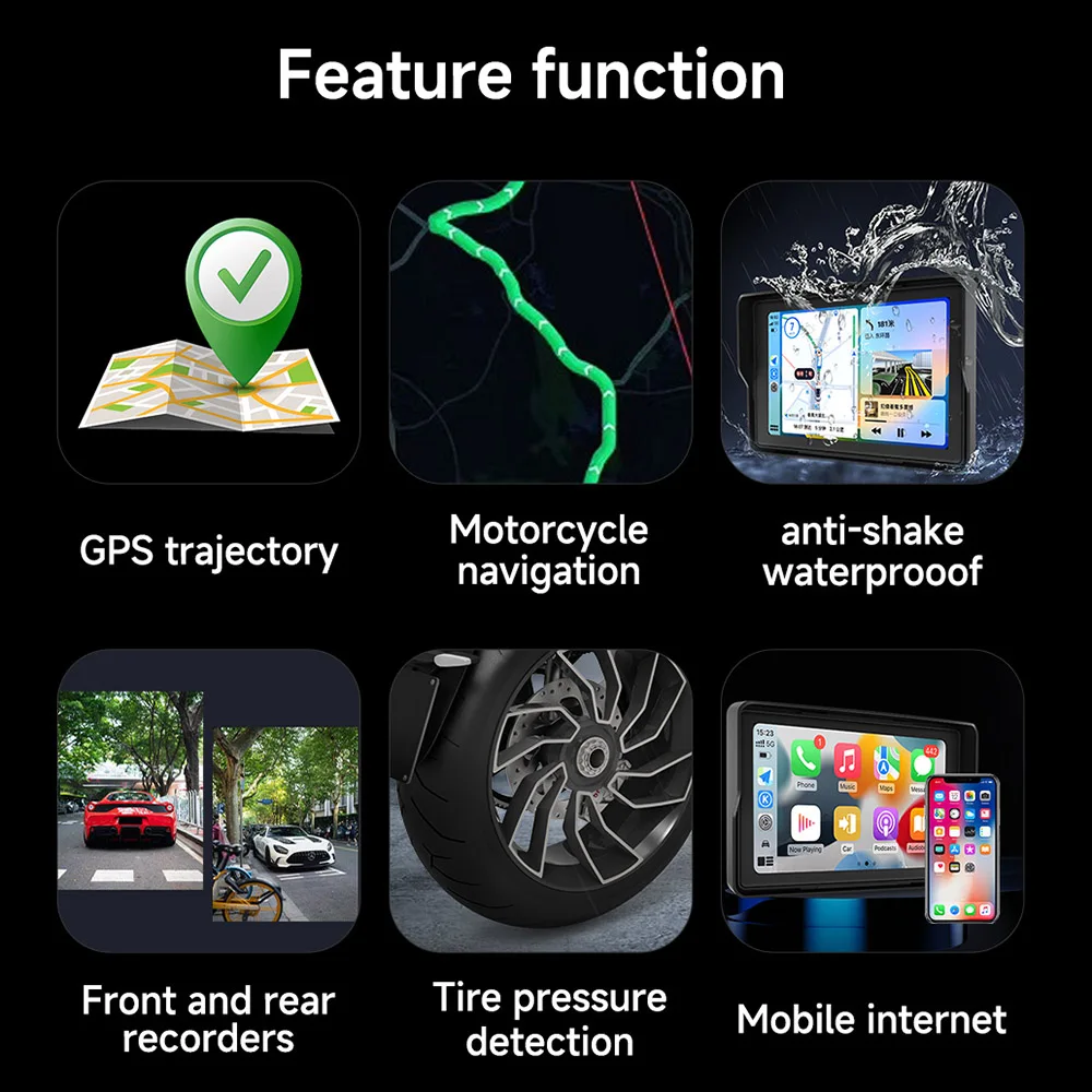 Navegador GPS DVR para motocicleta de 5 pulgadas, cámara de salpicadero 2K, inalámbrica, Carplay, Android, Auto, IPX8, resistente al agua, cámara frontal y trasera para Moto, Bluetooth - imagen 2