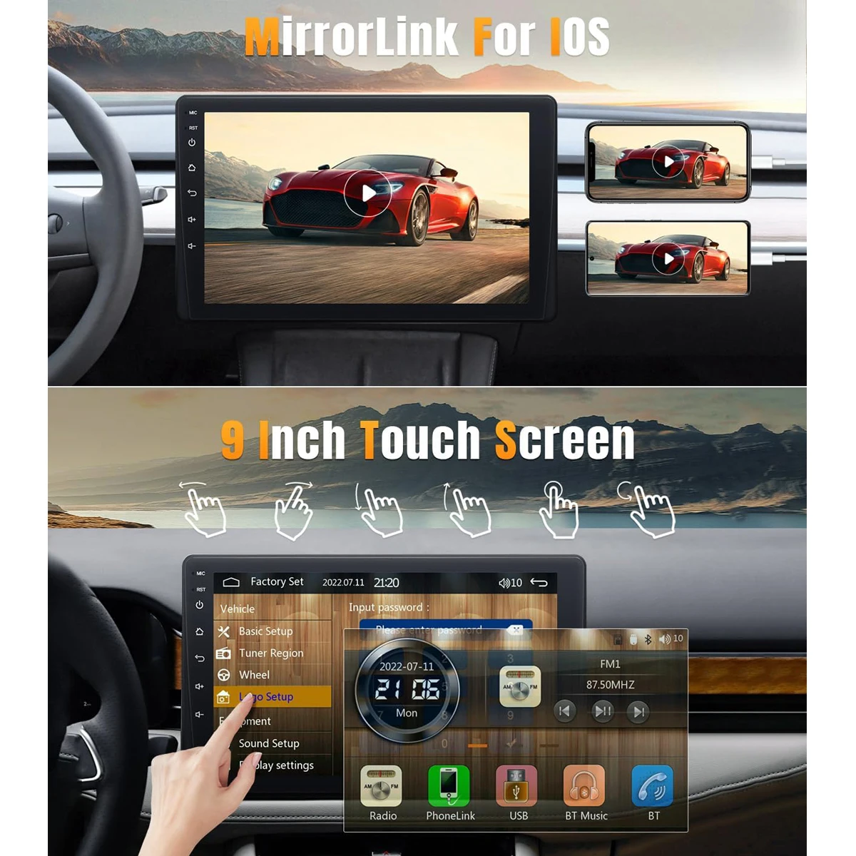 Radio Universal para coche de 9 pulgadas - vista frontal