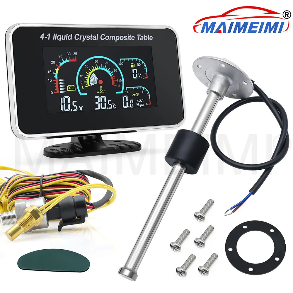 Voltímetro Digital 4 en 1 LCD para coche, temperatura del agua, presión de aceite, voltímetro, medidor de combustible, medidor de alarma con Sensor de 100-575mm