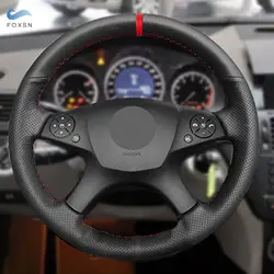 Trenzas en el volante interior del coche para Mercedes Benz Clase C W204 2007 2008 2009 2010 2011 cubierta de cuero de microfibra embellecedora barra roja