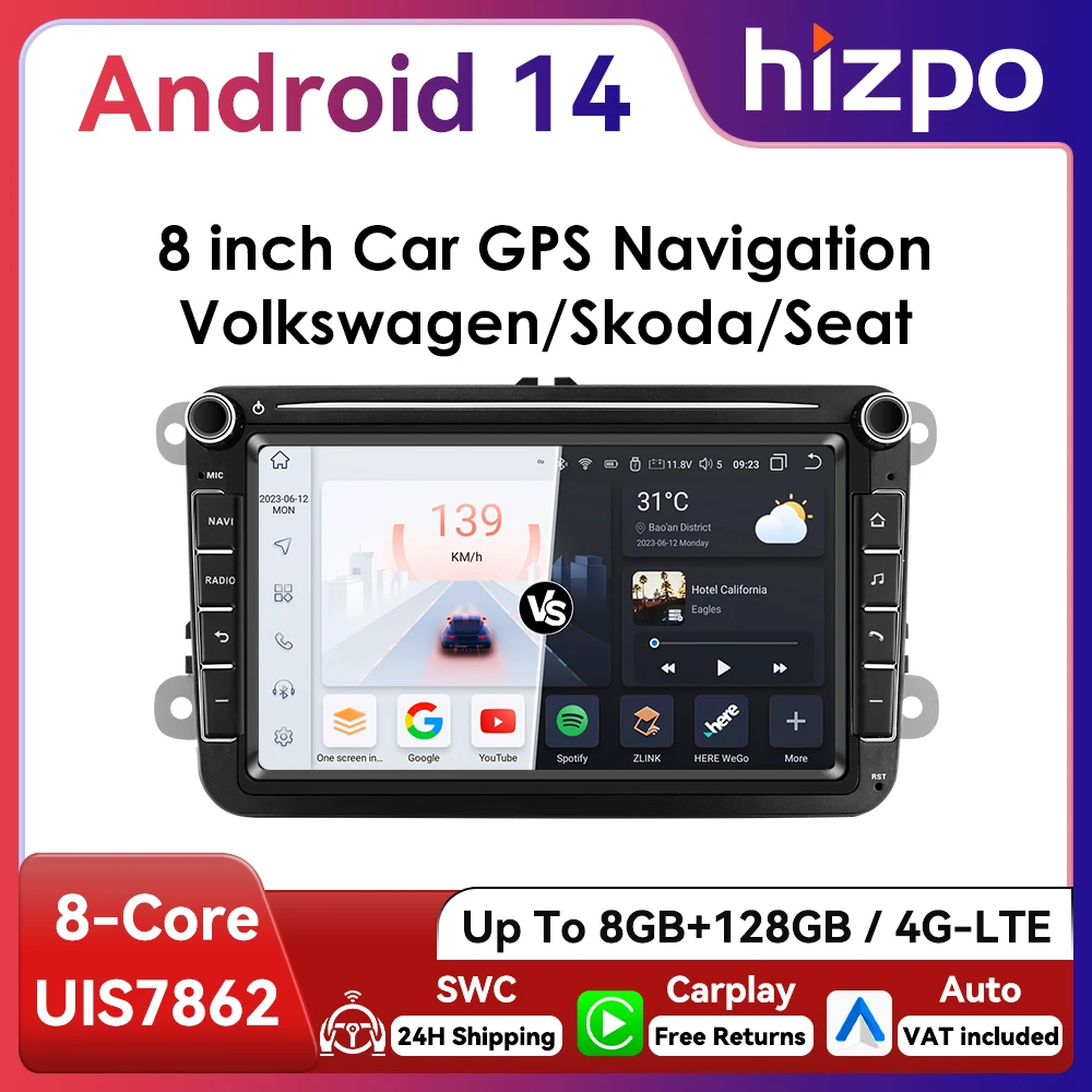 8 " Hizpo 2Din Android13 Radio de coche para Volkswagen VW Skoda Octavia Golf 5 Touran Passat B6 Polo Jetta Amarok Auto CarPlay GPS RDS