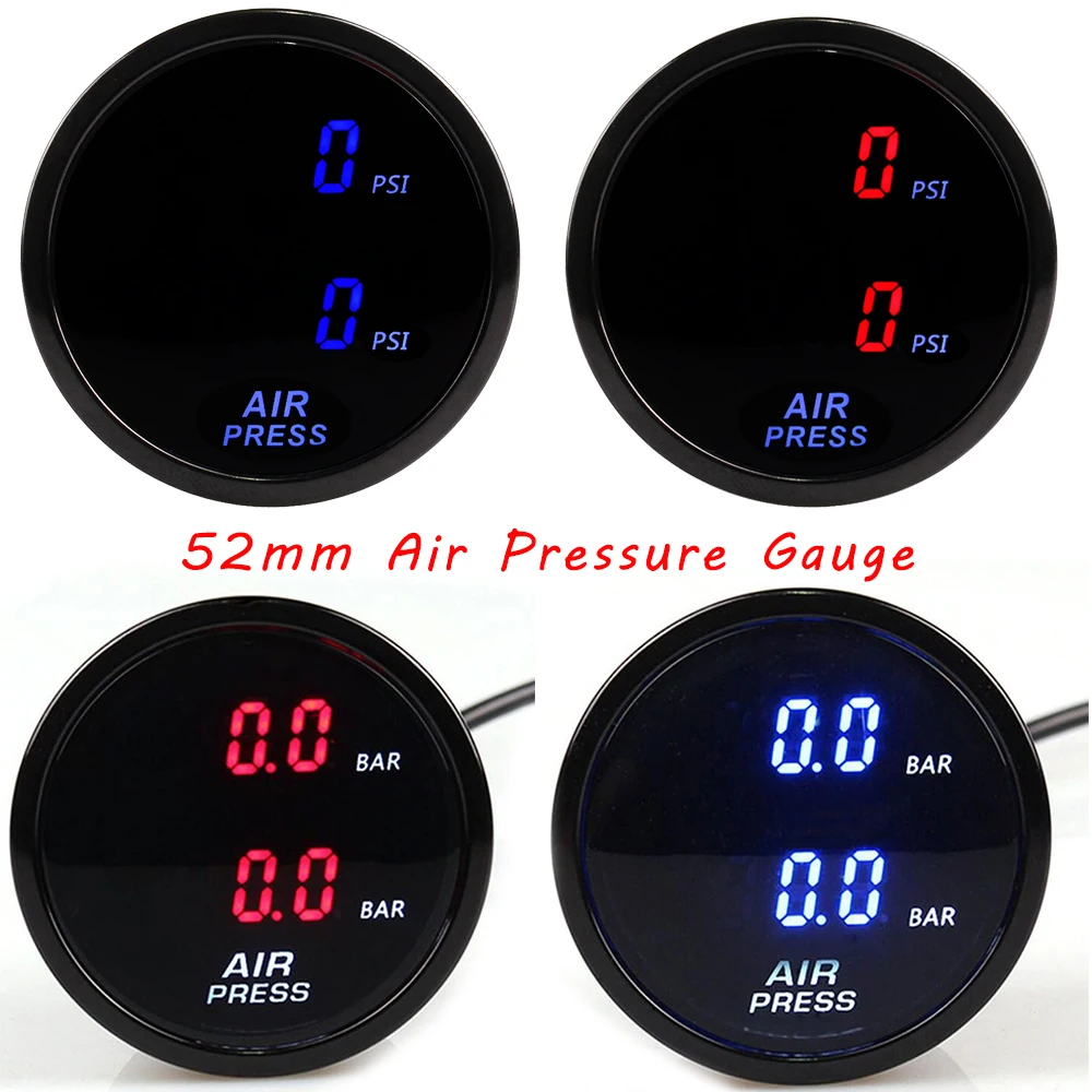 Medidor de presión de aire Digital de doble lectura, 52mm, 12V, barra de coche, Turbo Boost, LED rojo y azul, prensa de aire con Sensor