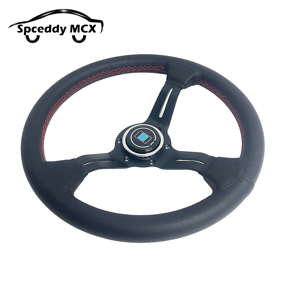 Volante deportivo de cuero perforado con radios de aluminio y rojo - imagen 3