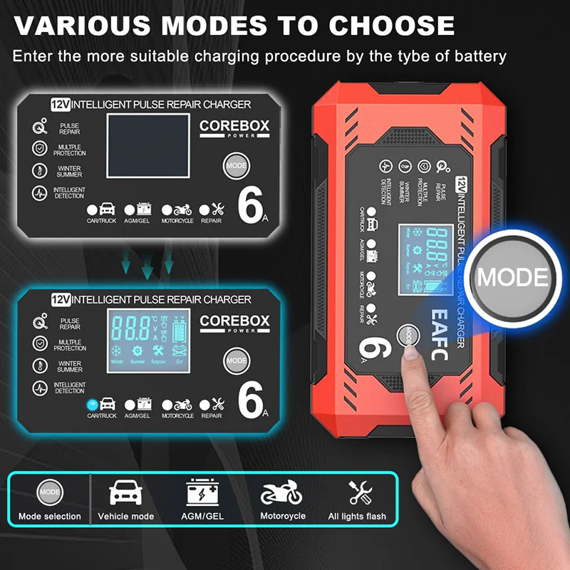Cargador inteligente 6A 12V baterías plomo-ácido coche y moto – LCD - imagen 2