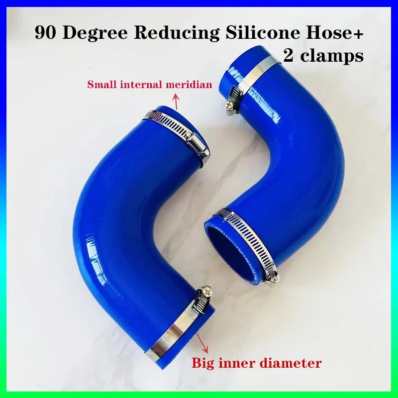 Tubo silicona codo 90° reductor azul para admisión con abrazaderas
