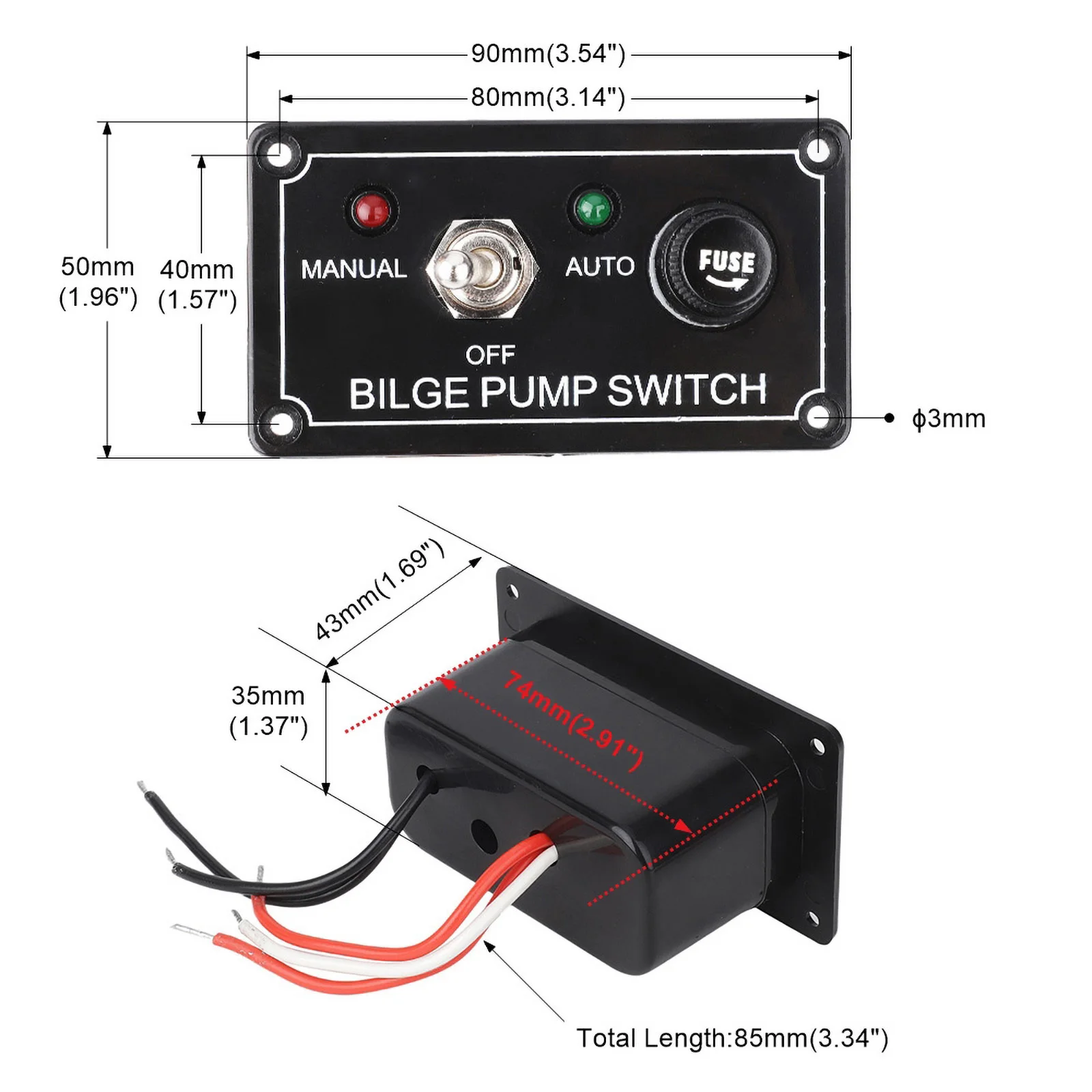 Panel interruptor bomba de sentina marina 3 vias 12V LED para yate - imagen 2