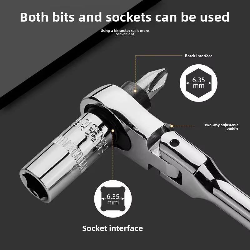 Mini llave de carraca reversible con cabeza articulada doble