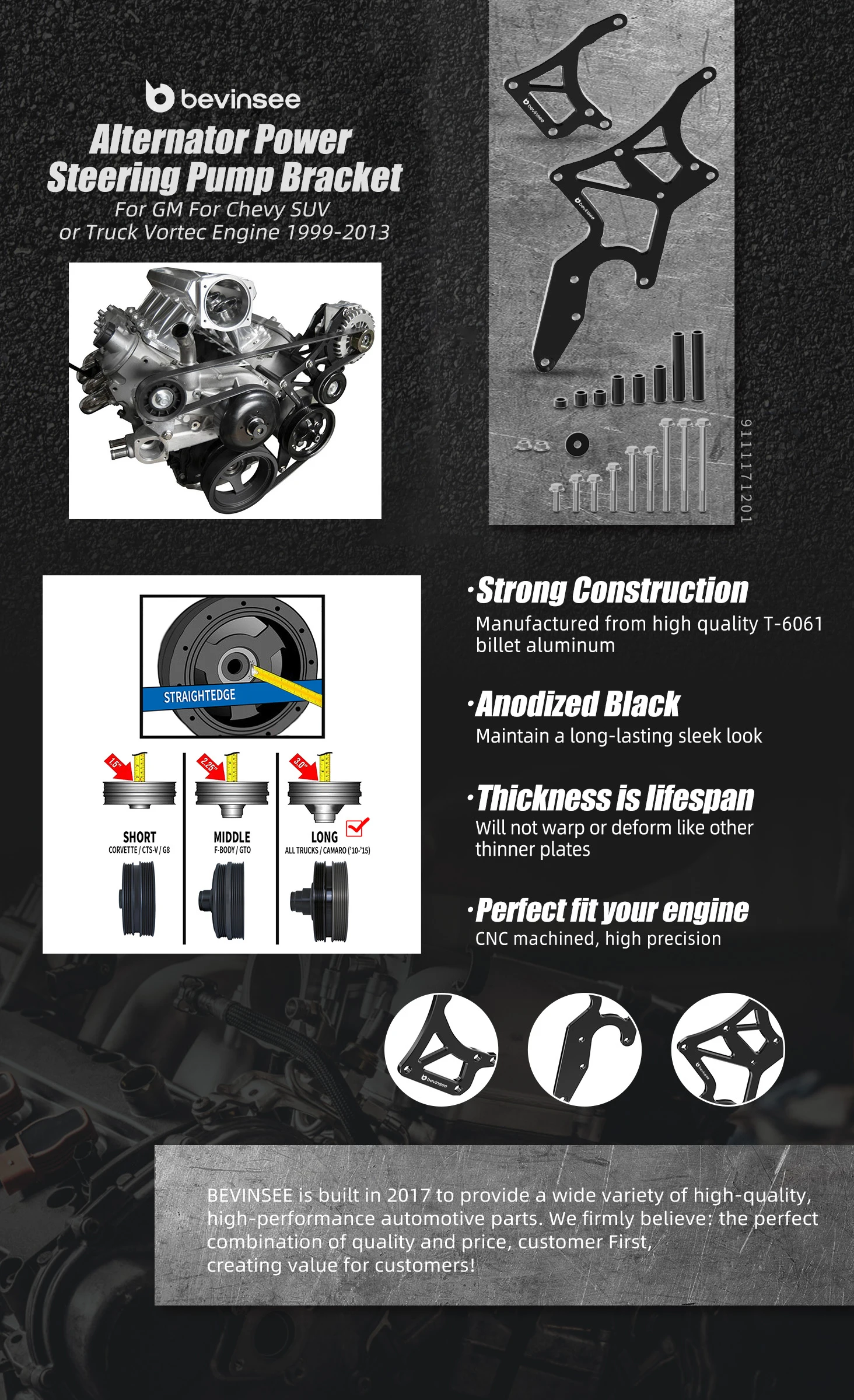 Soporte serpentino Bevinsee para motor LS con montaje de alternador y dirección asistida