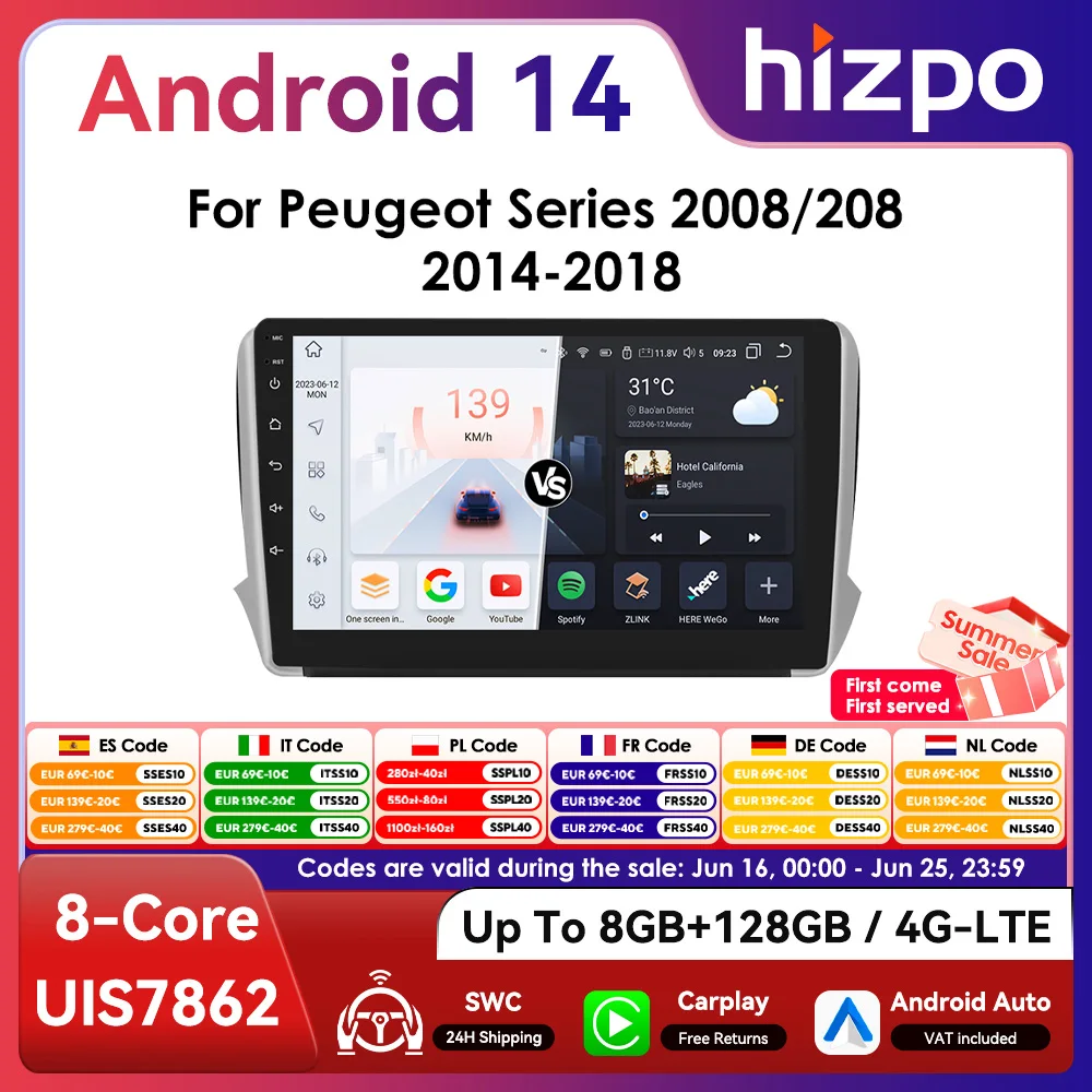 Hizpo radio coche doble din Android con CarPlay – Peugeot 208/2008