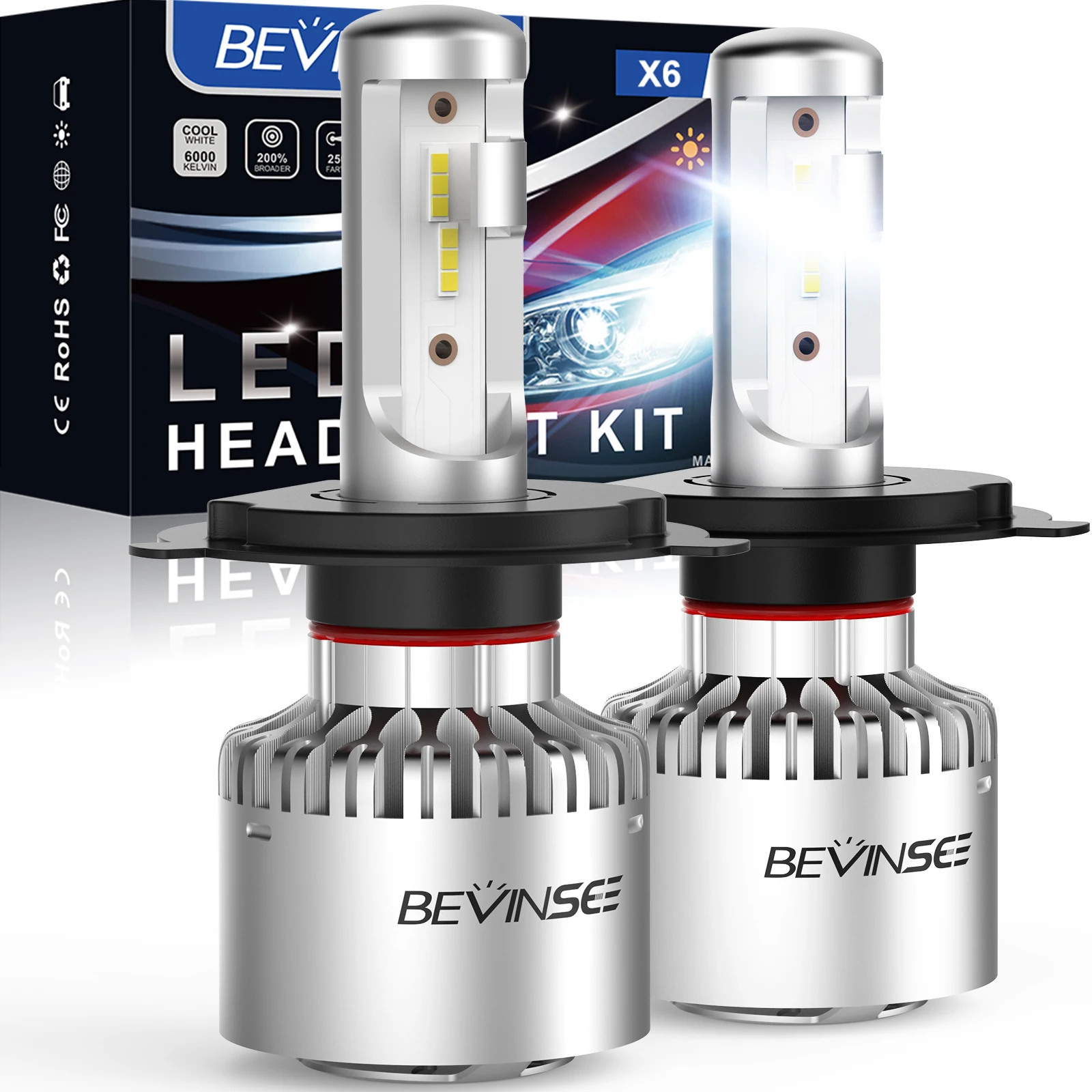 Bevinsee Bombilla H4 LED 6000K 12V para vehiculos - Luz alta y baja
