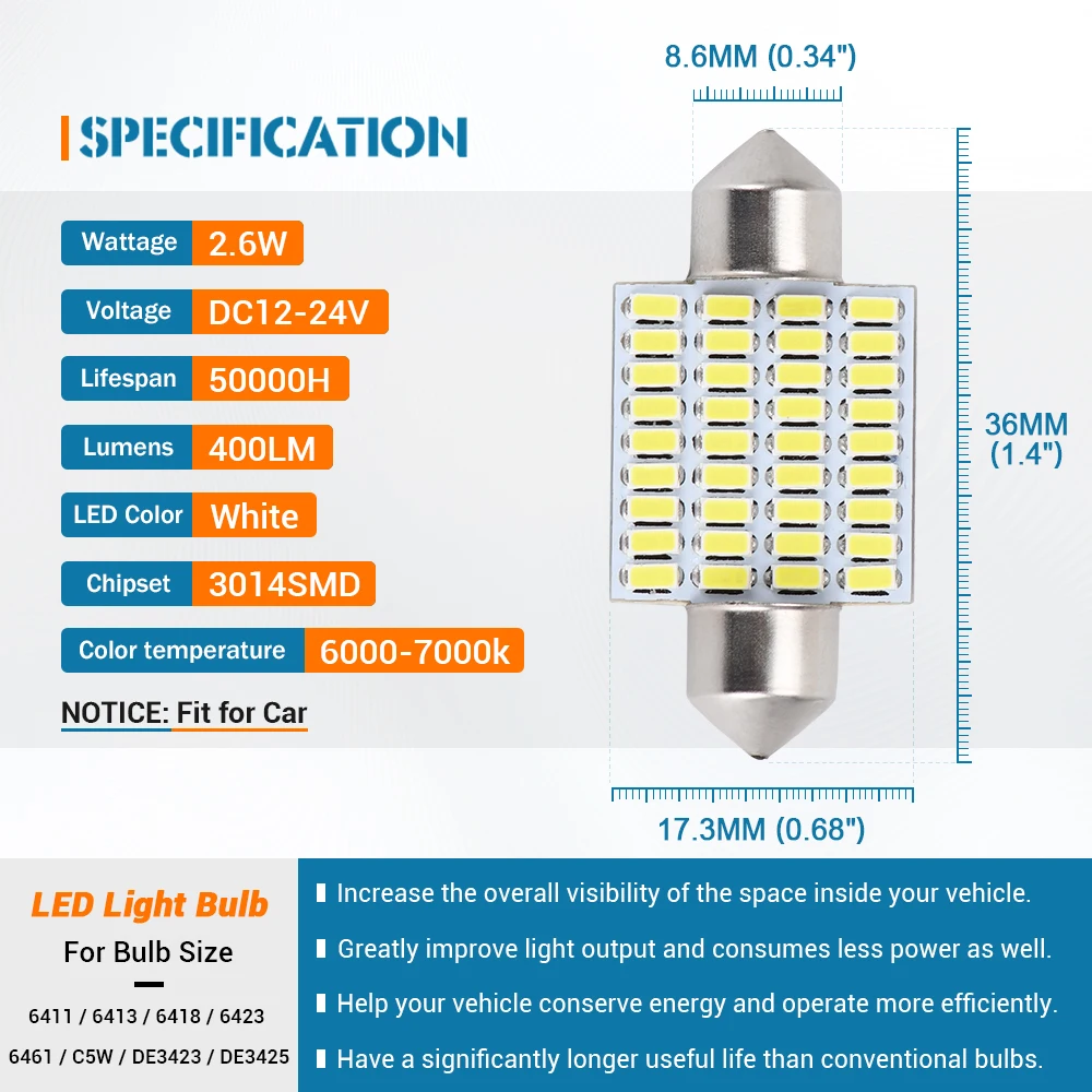 Bombilla LED 36mm C5W 6418 blanco 6000K para interior coche - imagen 2