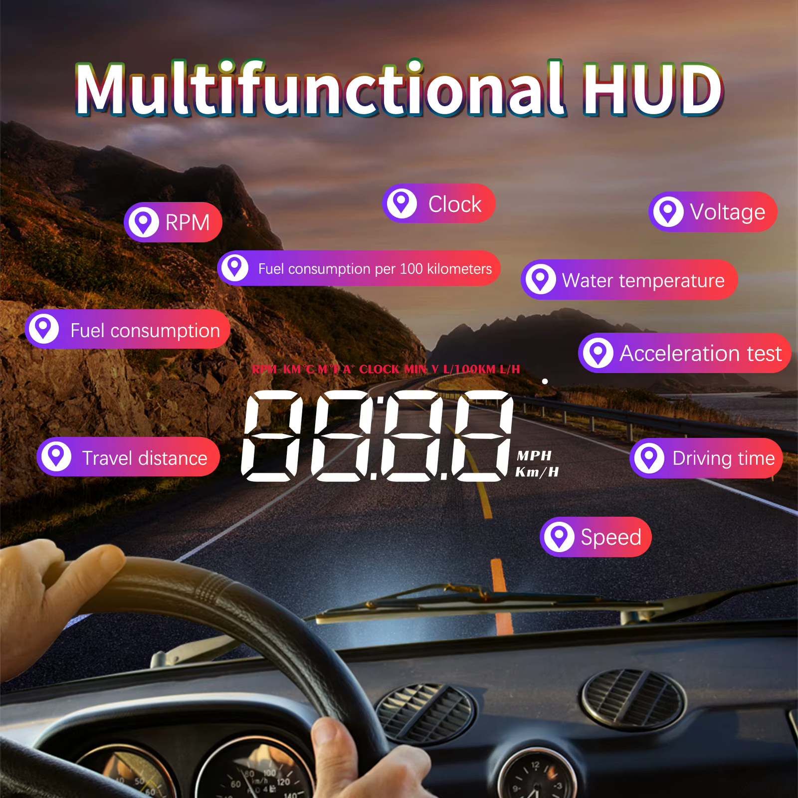 Pantalla HUD OBD M5 con temperatura del agua y alarma de velocidad - imagen 3