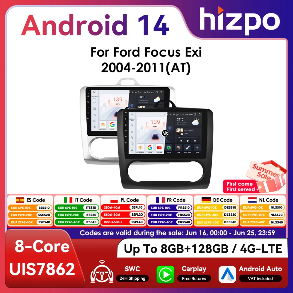 Autorradio Android 2DIN Hizpo con GPS y CarPlay para Ford Focus MK2
