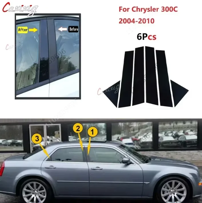 6 uds postes de pilar pulidos aptos para Chrysler 300C 2004-2010 cubierta embellecedora de ventana de coche pegatina de columna BC