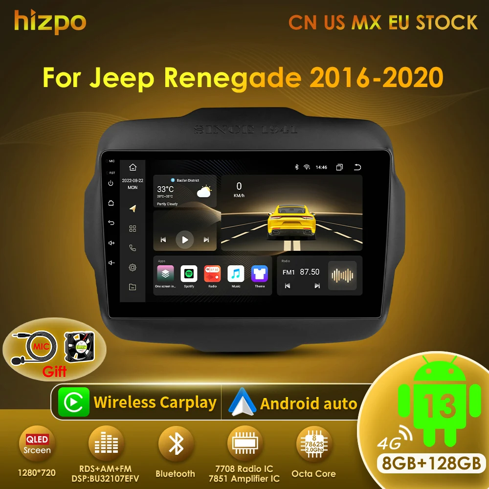Radio 2 DIN Hizpo 6115 con CarPlay y Android Auto para Jeep Renegade