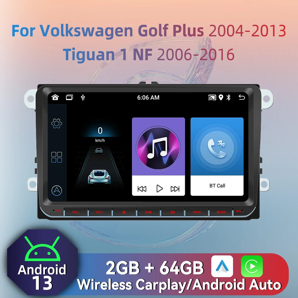 Radio Android 2 DIN con CarPlay y GPS para VW Golf Plus y Tiguan