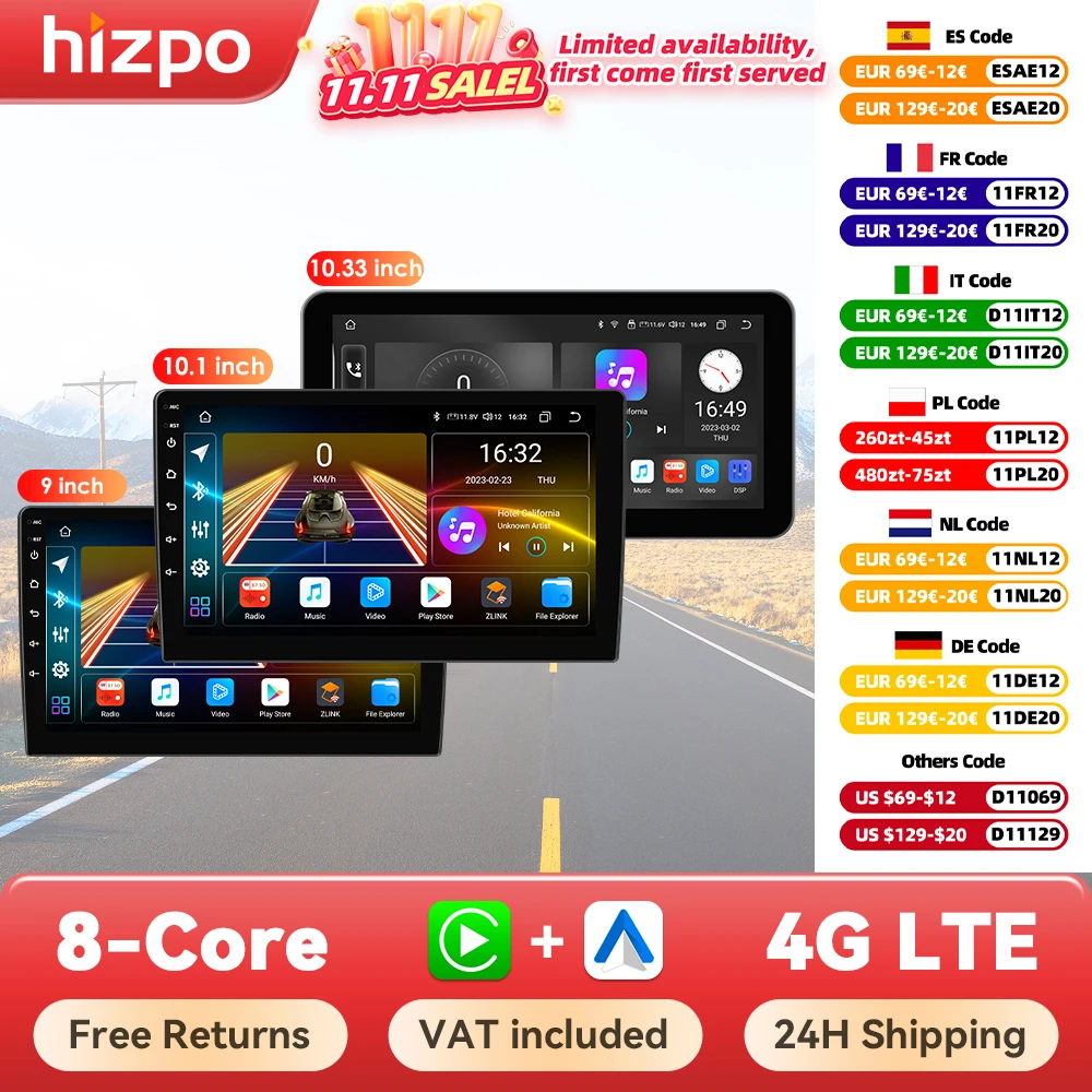 Hizpo Radio 2 DIN con GPS, Android y CarPlay para coche