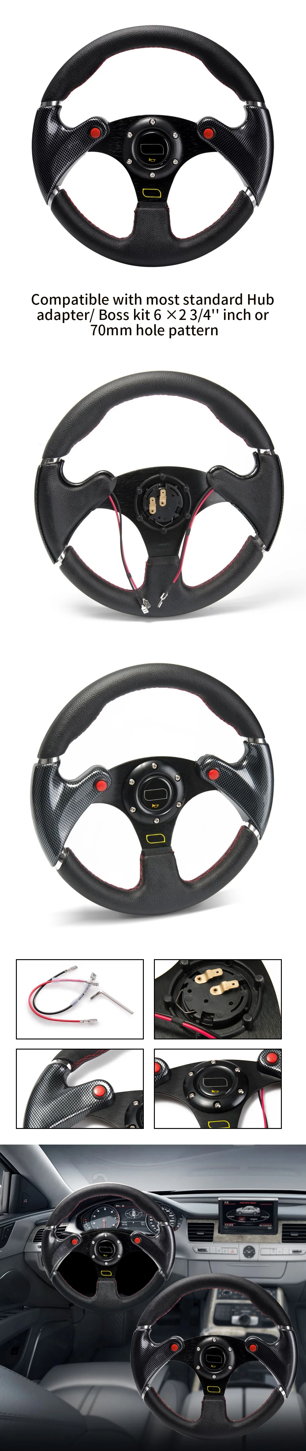 Volante deportivo plano de 320mm con acabado en cuero de carbono y botón de bocina