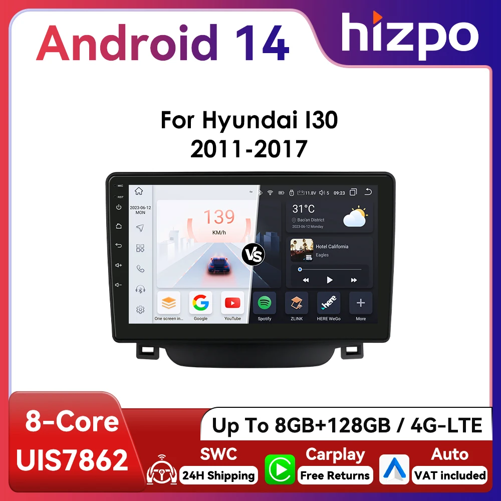 Hizpo CarPlay radio 9 pulgadas 2DIN GPS i30 Elantra GT 2011-2017