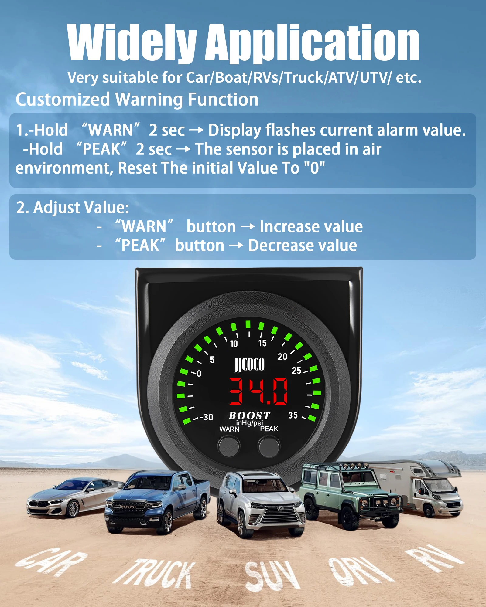JJCOCO 52MM 2 ''Serie S medidor de refuerzo-30 ~ 35 PSI redondo ultrafino con pantalla LED de luz roja medidor de vacío Turbo Boost - imagen 5