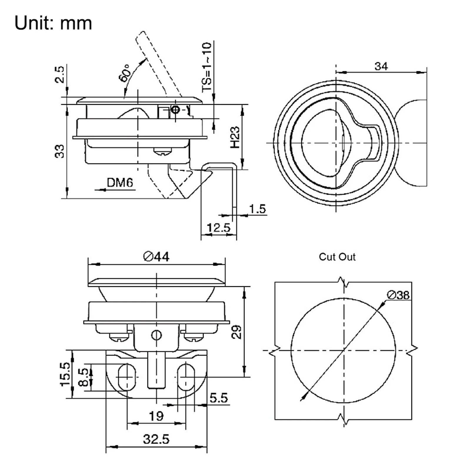 Tirador escotilla zinc 1,5″ marina RV – montaje empotrado - imagen 4