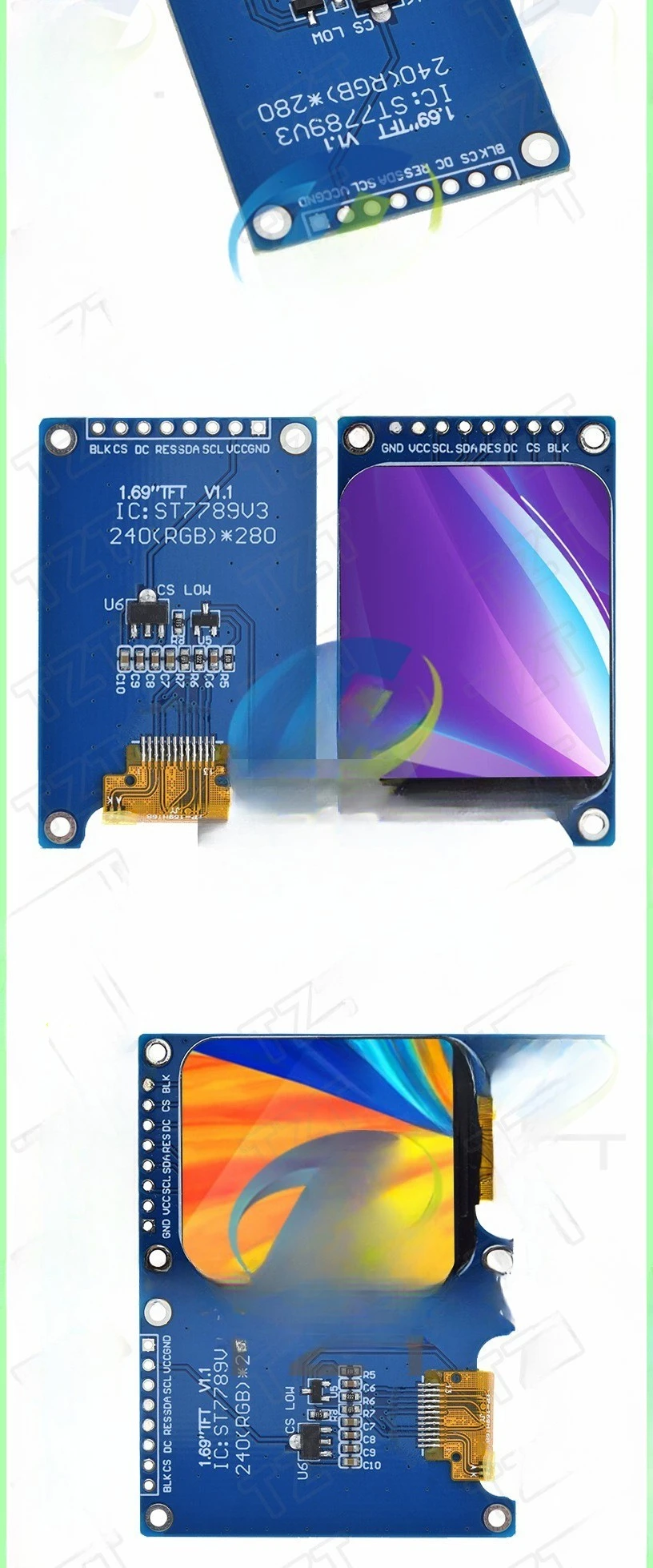 Vista frontal de la pantalla TFT de 1,69 pulgadas mostrando menú de configuración