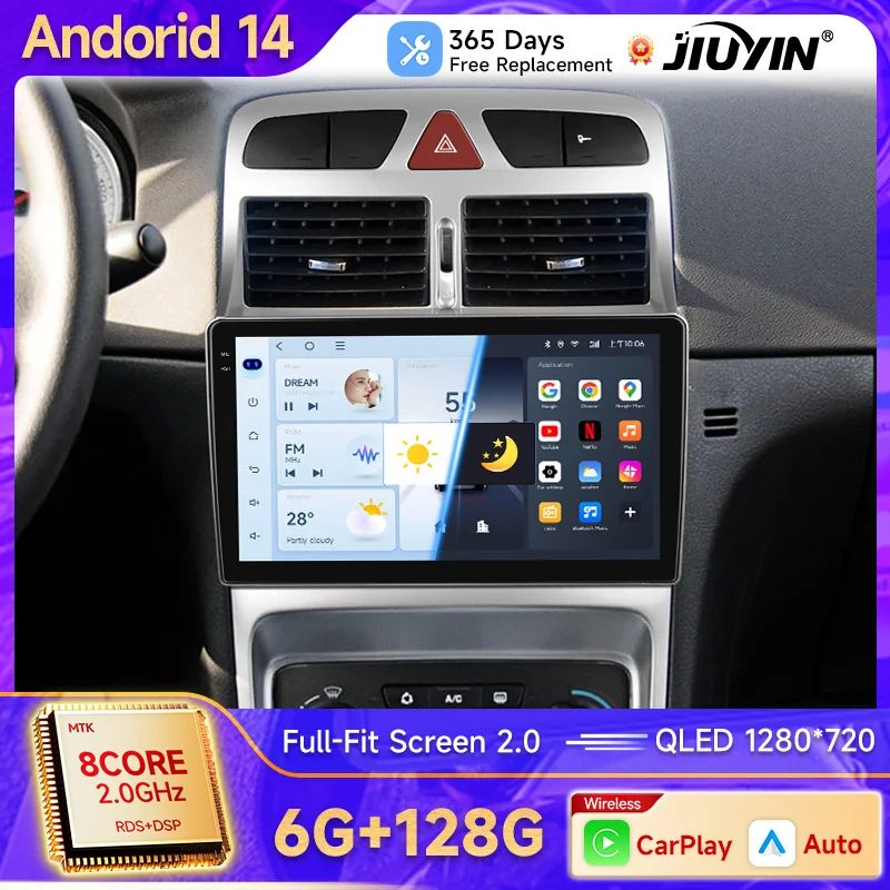 Radio 2 DIN JIUYIN con CarPlay y Android Auto para Peugeot 307