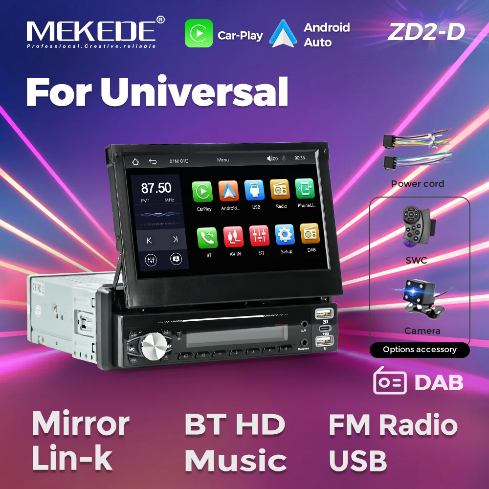 Radio 1 DIN MEKEDE con pantalla retráctil, CarPlay y Android Auto