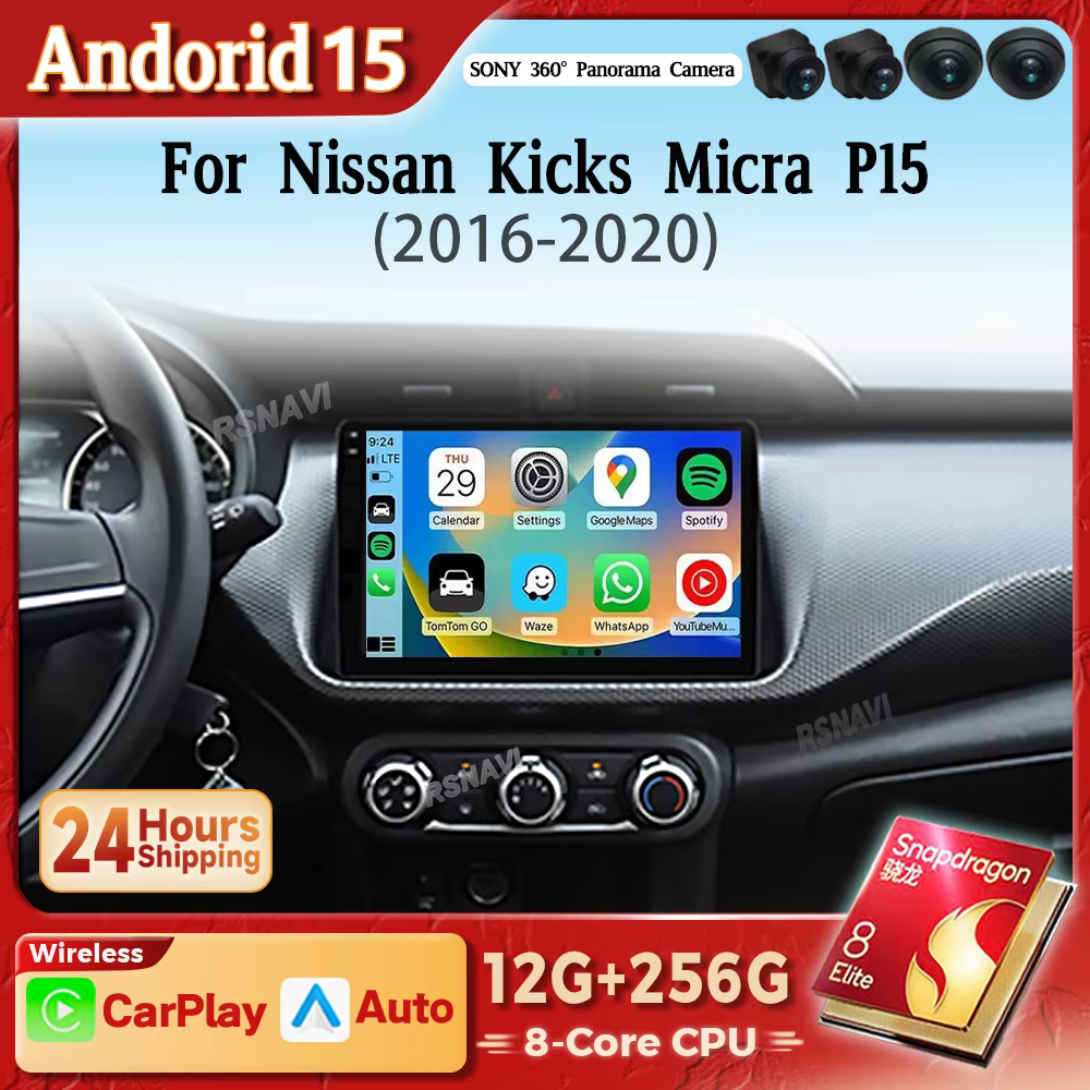 Qualcomm Snapdragon Android 15 Carplay Auto Radio WIFI + reproductor Multimedia 4G para Nissan Kicks Micra P15 2016 - 2020 inalámbrico