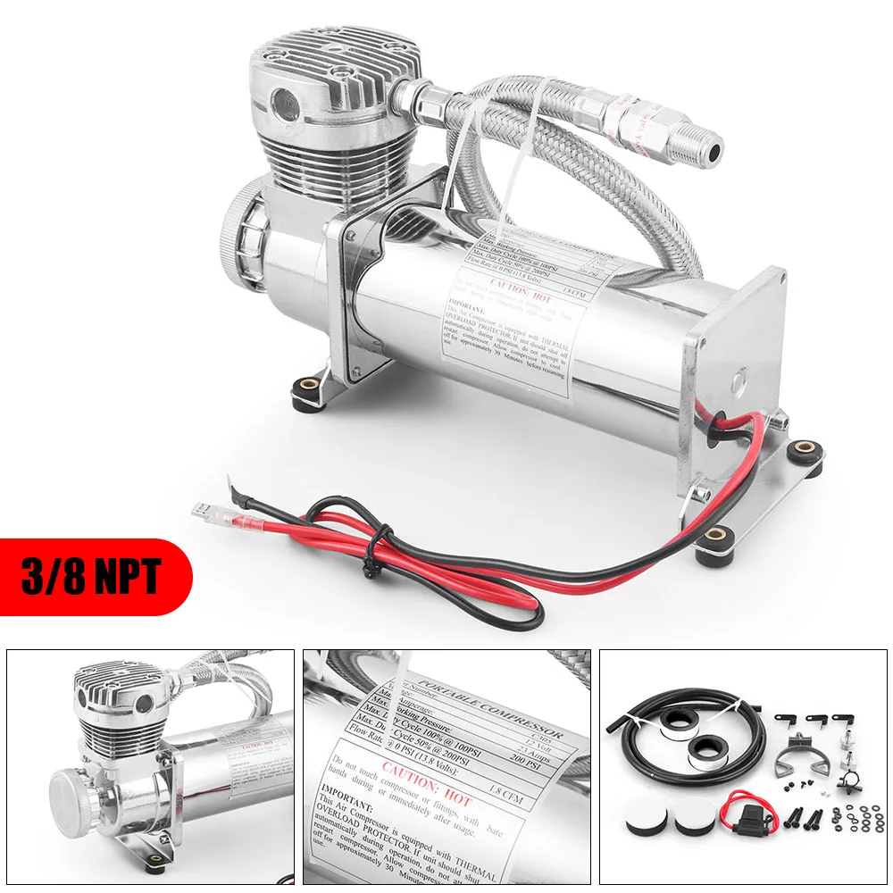 Universal 3/8NPT 1/4NPT 200PSI 480C 12V Kit de bomba de compresor de suspensión neumática Chrome TT 102993 -SL - imagen 4