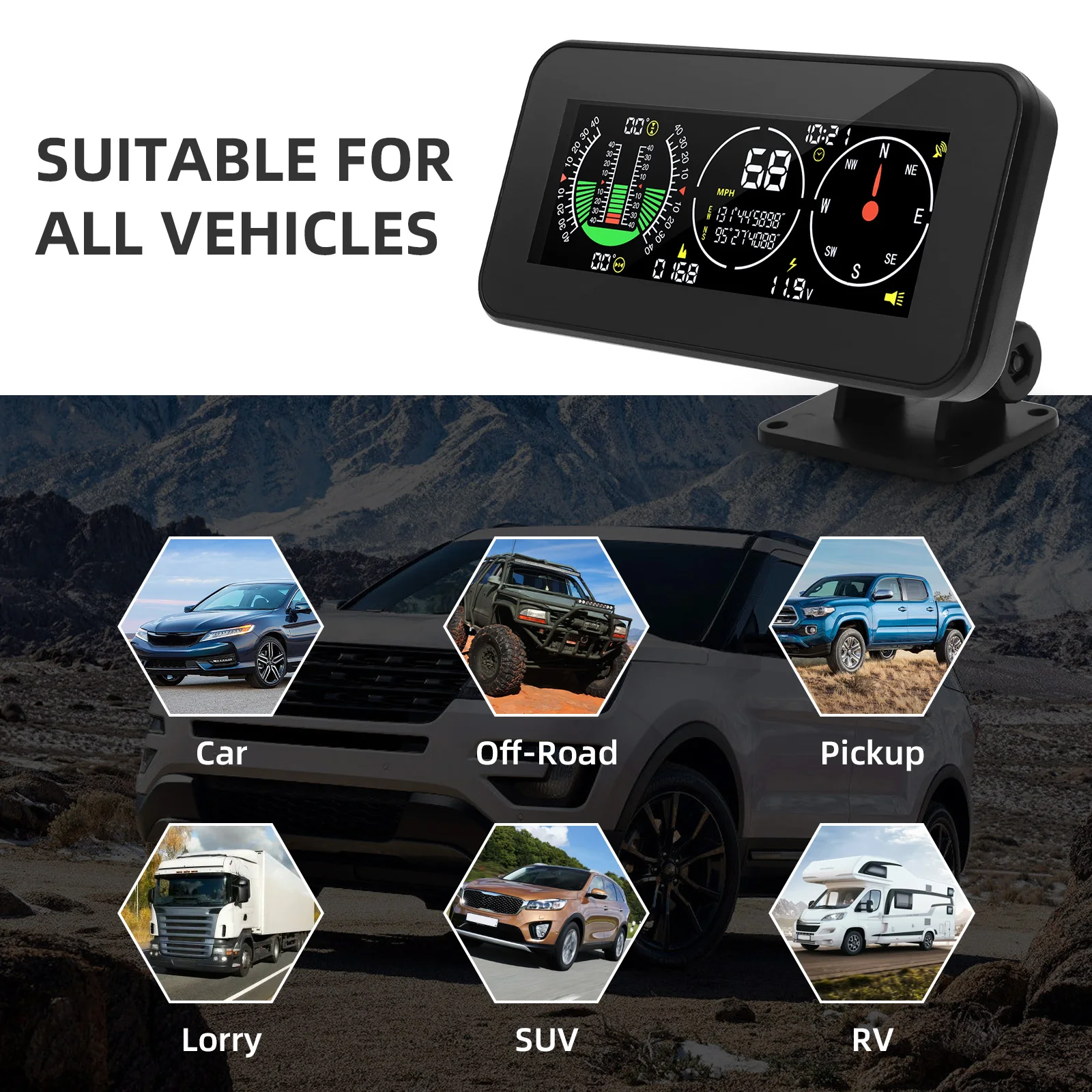 HUD pantalla frontal GPS con inclinómetro, brújula y aviso velocidad - imagen 5