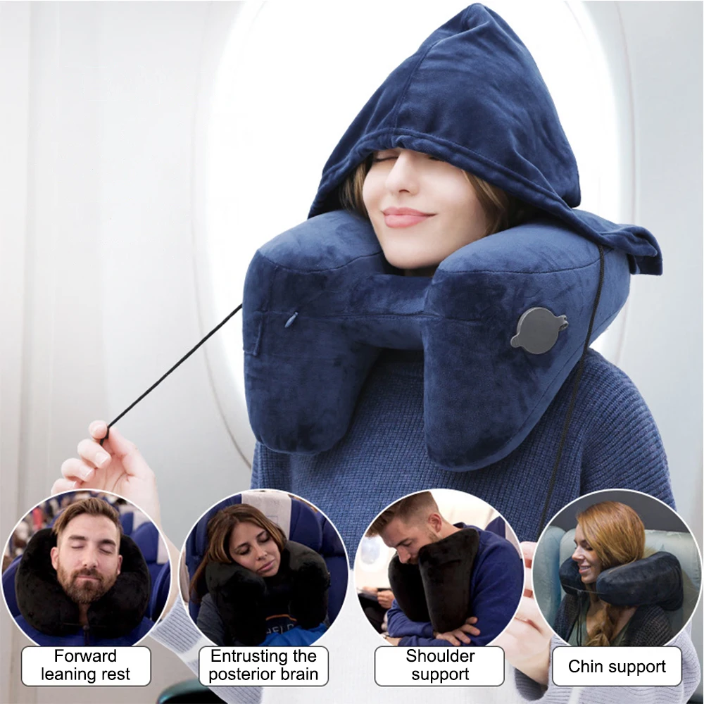 Almohada cervical inflable de viaje con capucha para coche