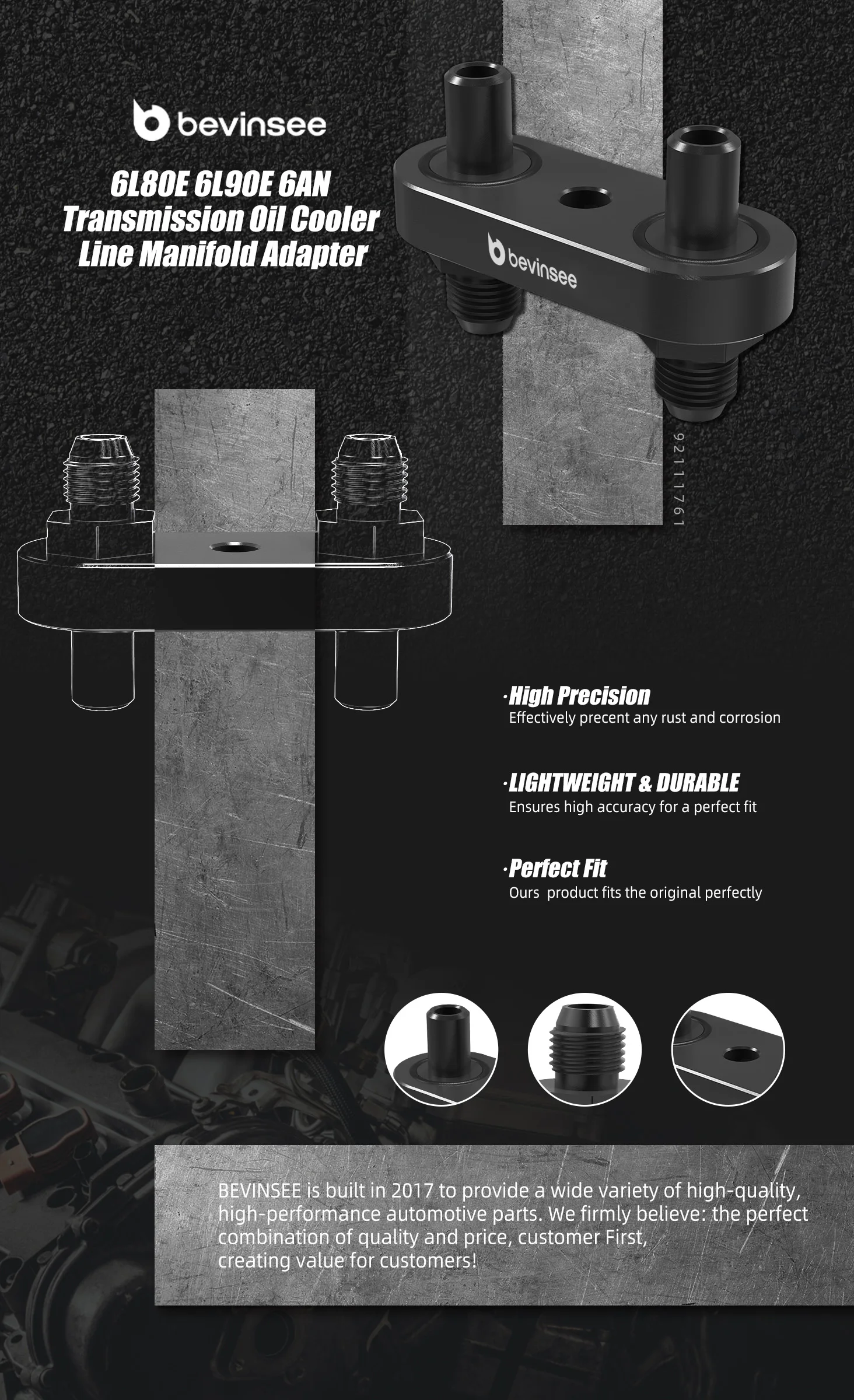 Adaptador BEVINSEE de aluminio negro para línea de enfriador de transmisión