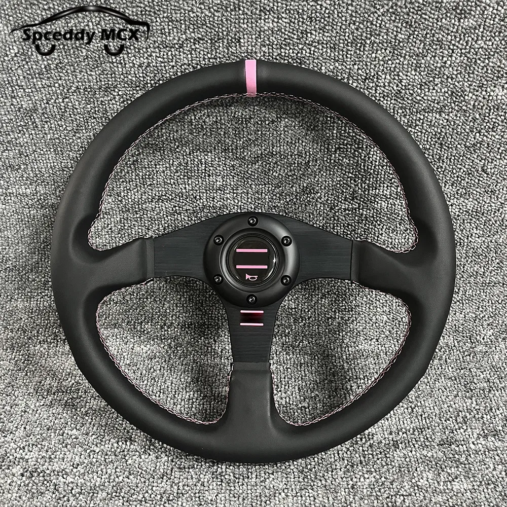 Volante de carreras JDM de cuero universal 350 mm rosa