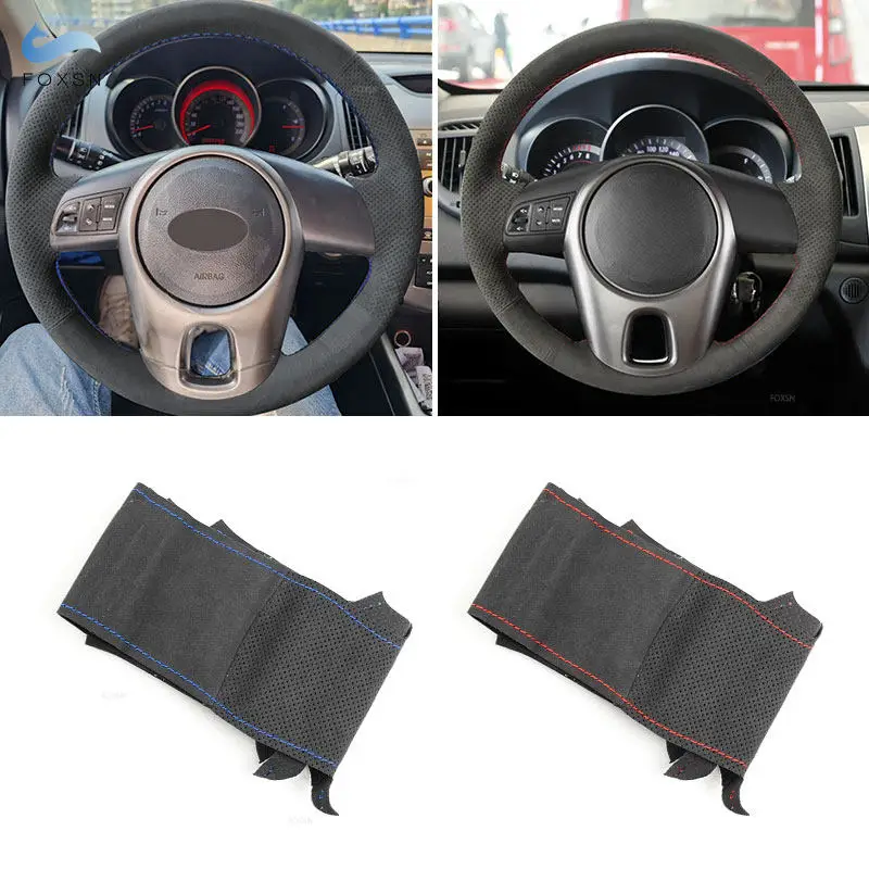 Funda de volante de cuero y gamuza cosida a mano para Kia Forte, Rio y Soul