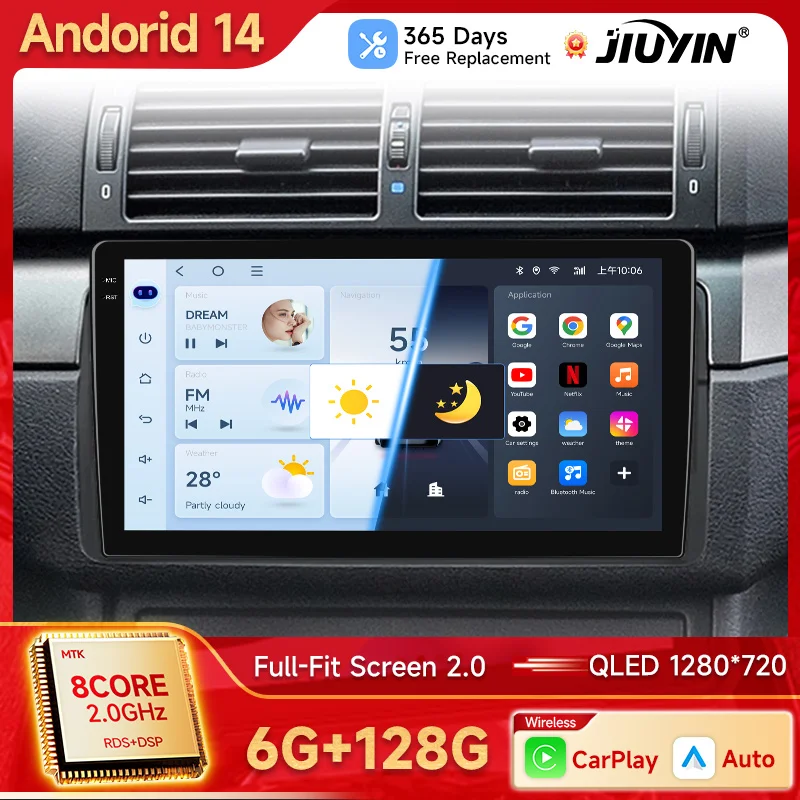 JIUYIN Radio 2 DIN Android 14 con CarPlay para BMW E46 1998-2006