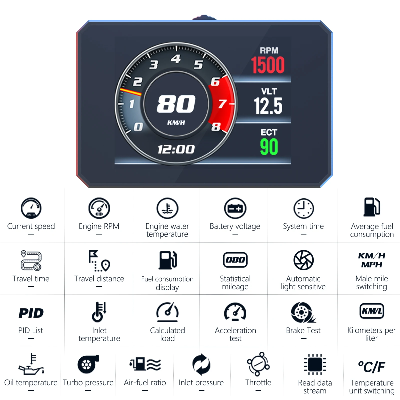 Pantalla frontal P16 para coche OBD2, medidor de velocidad para coche HUD, tacómetro Digital inteligente OBD, medidor de voltaje de temperatura del agua, ordenador a bordo - imagen 4