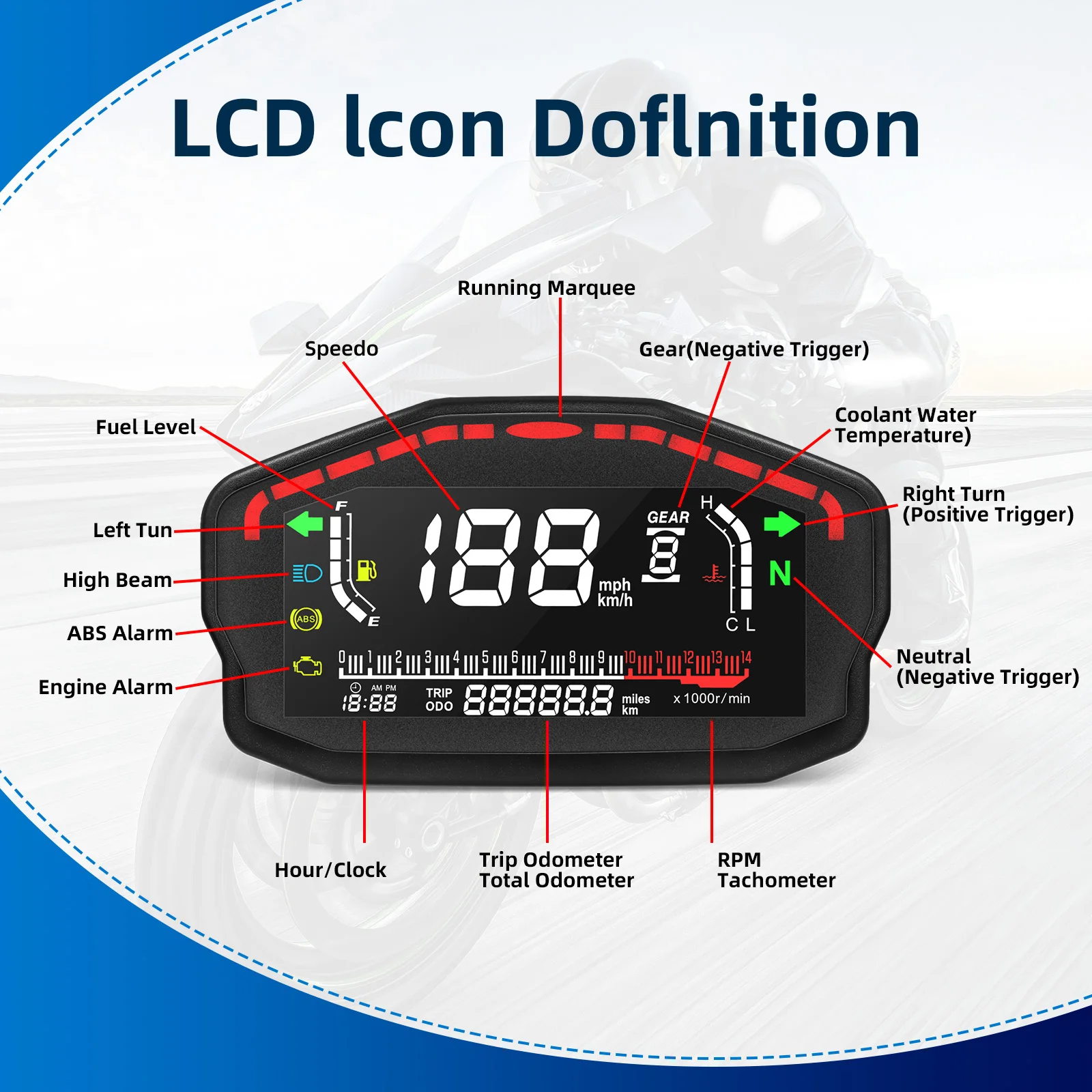 Velocímetro LCD para moto 2/4 cilindros con sensor y retroiluminación - imagen 3