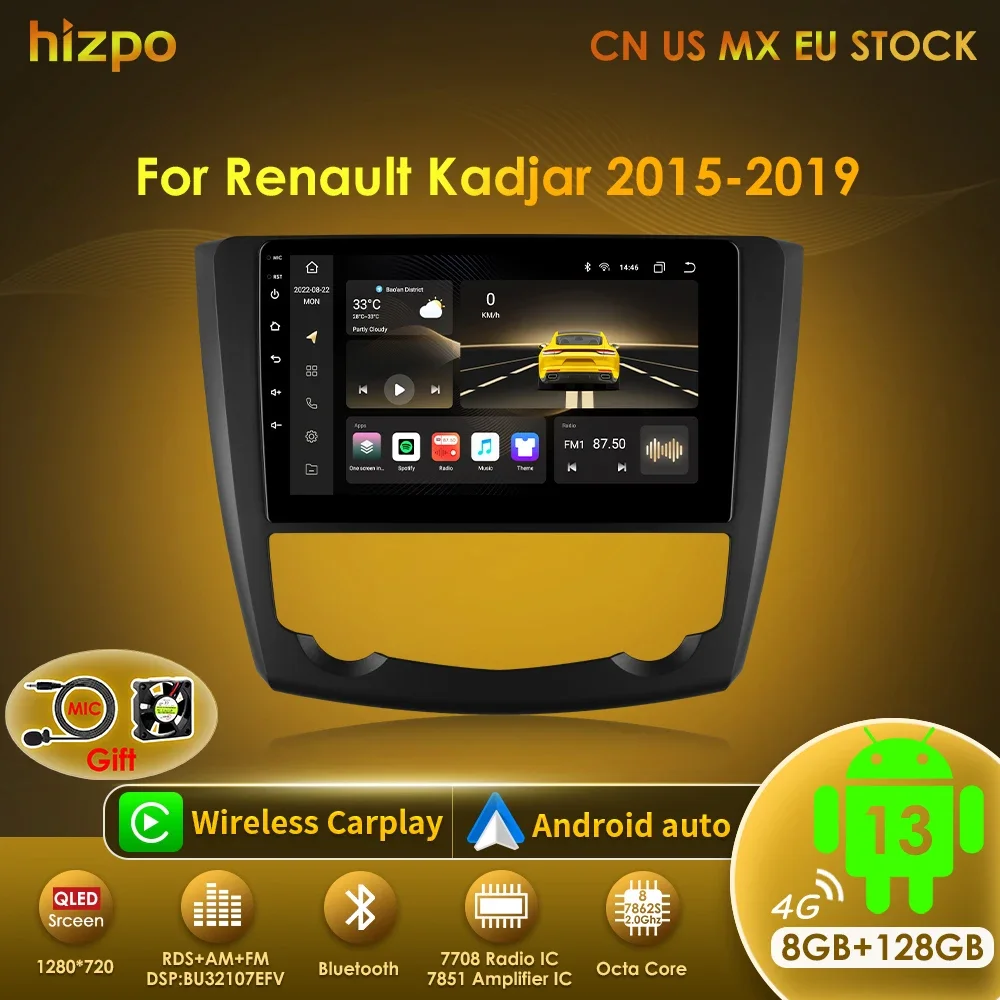 Hizpo-Sistema inteligente de Radio para coche, CarPlay inalámbrico, Android Auto, No 2 din, DVD, Wifi, DSP, RDS, para Renault Kadjar 2015 - 2019