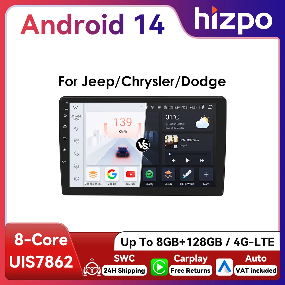 Autoradio Android Hizpo con CarPlay para Jeep Compass y Wrangler