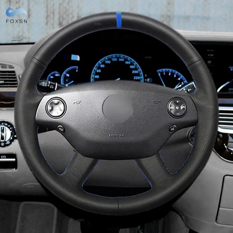 Cubierta de cuero volante Mercedes S W221 y CL C216 azul cosida a mano