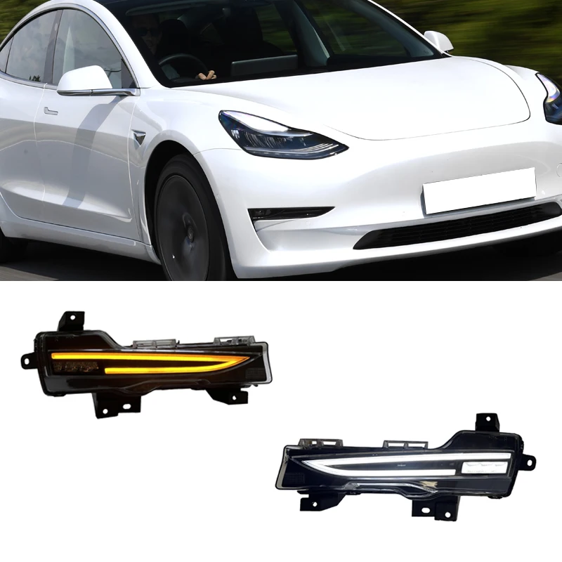 Luz LED instalada en el parachoques delantero de Tesla